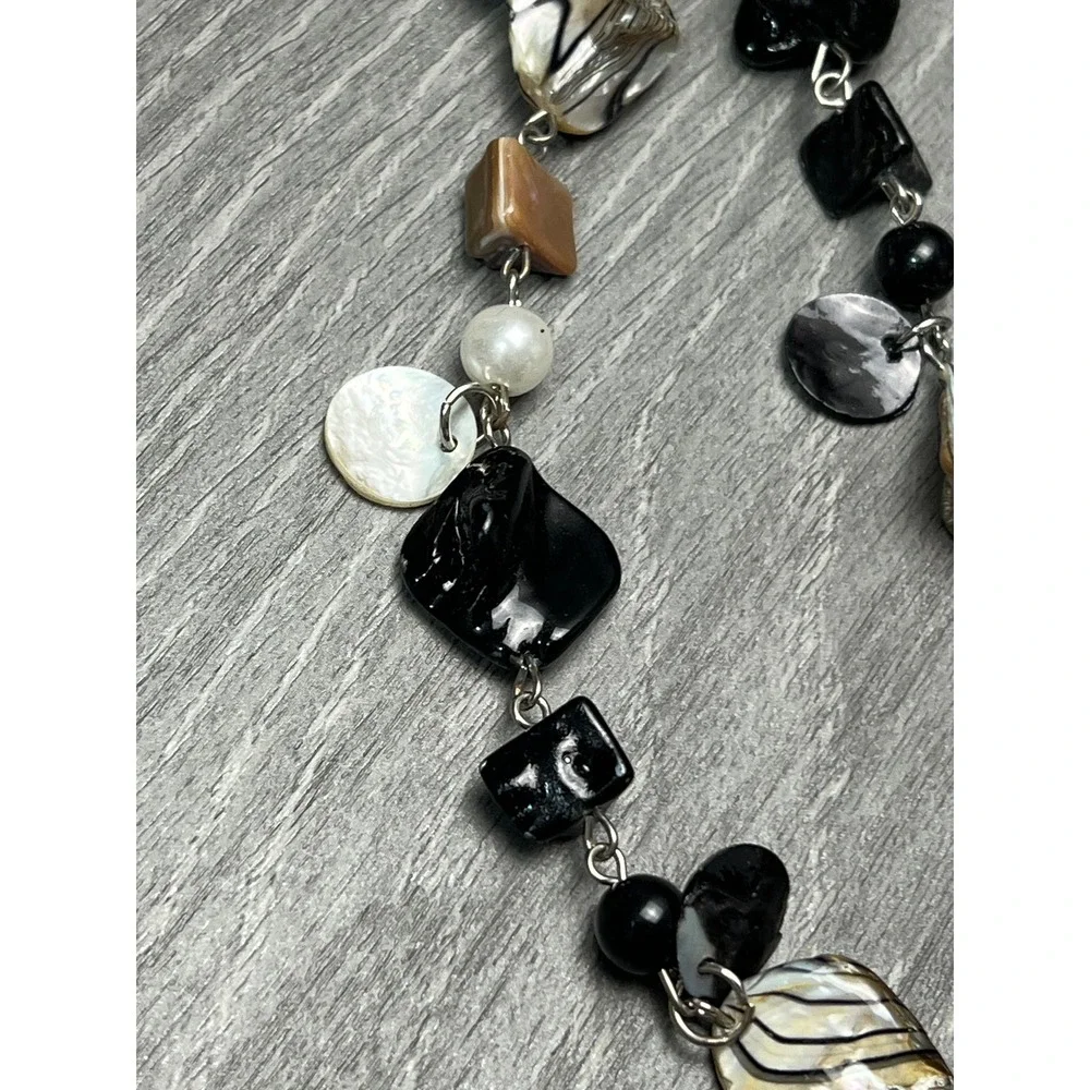 Black Mother of Pearl Shell Faux Pearl Long Layered Statement Necklace Silver